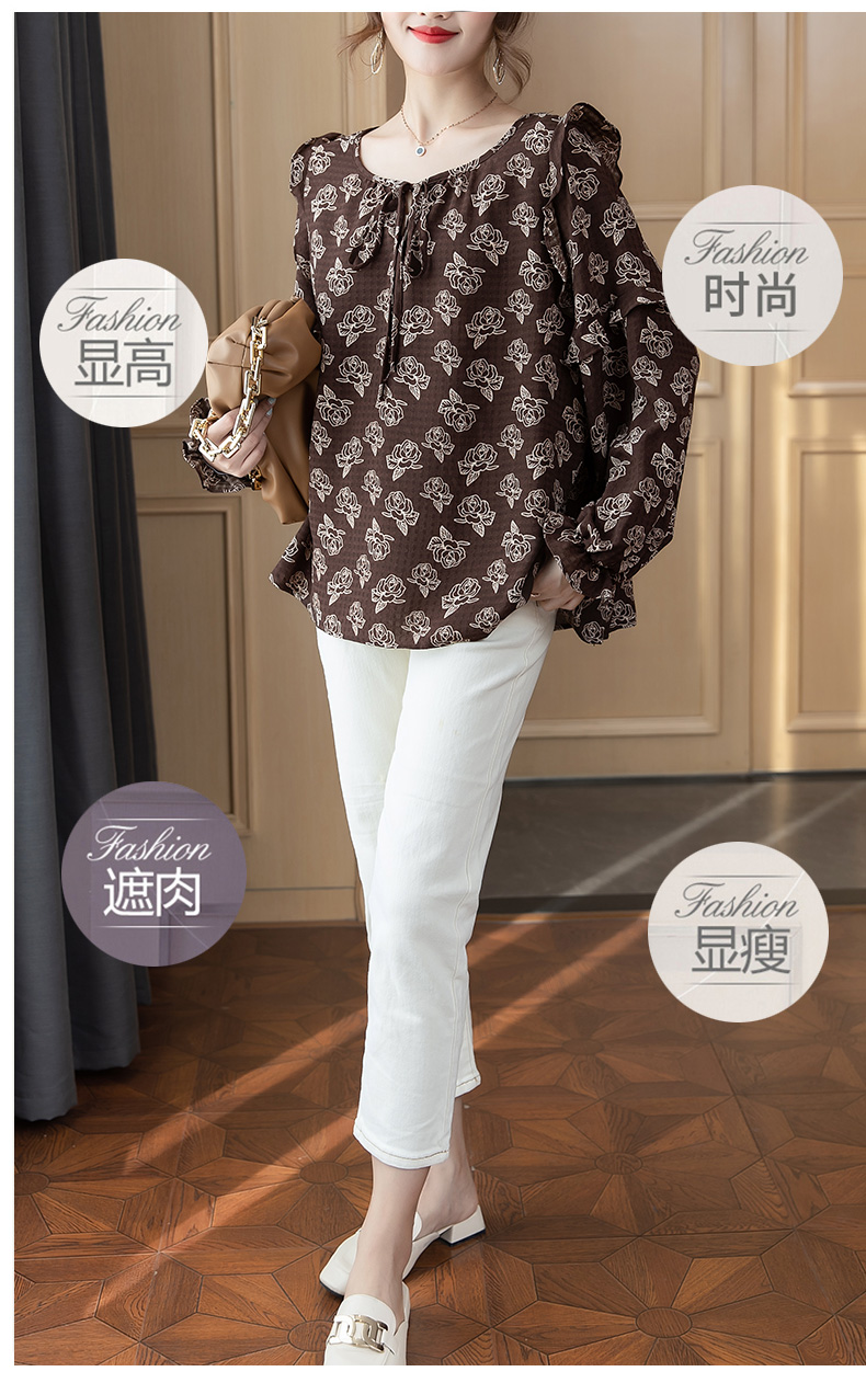 宽松长袖法式复古印花t恤v领显瘦上衣潮_欧丽文艺大码女装oldmnz5847