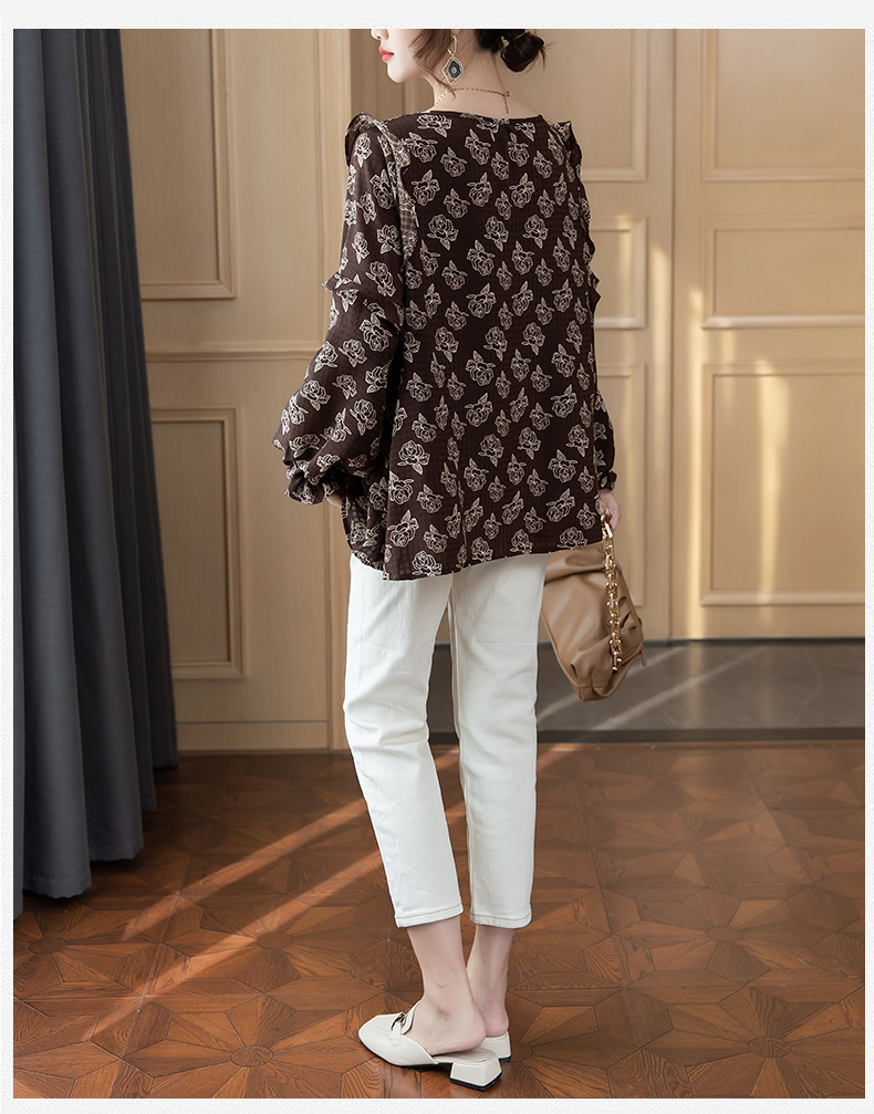 宽松长袖法式复古印花t恤v领显瘦上衣潮_欧丽文艺大码女装oldmnz5847