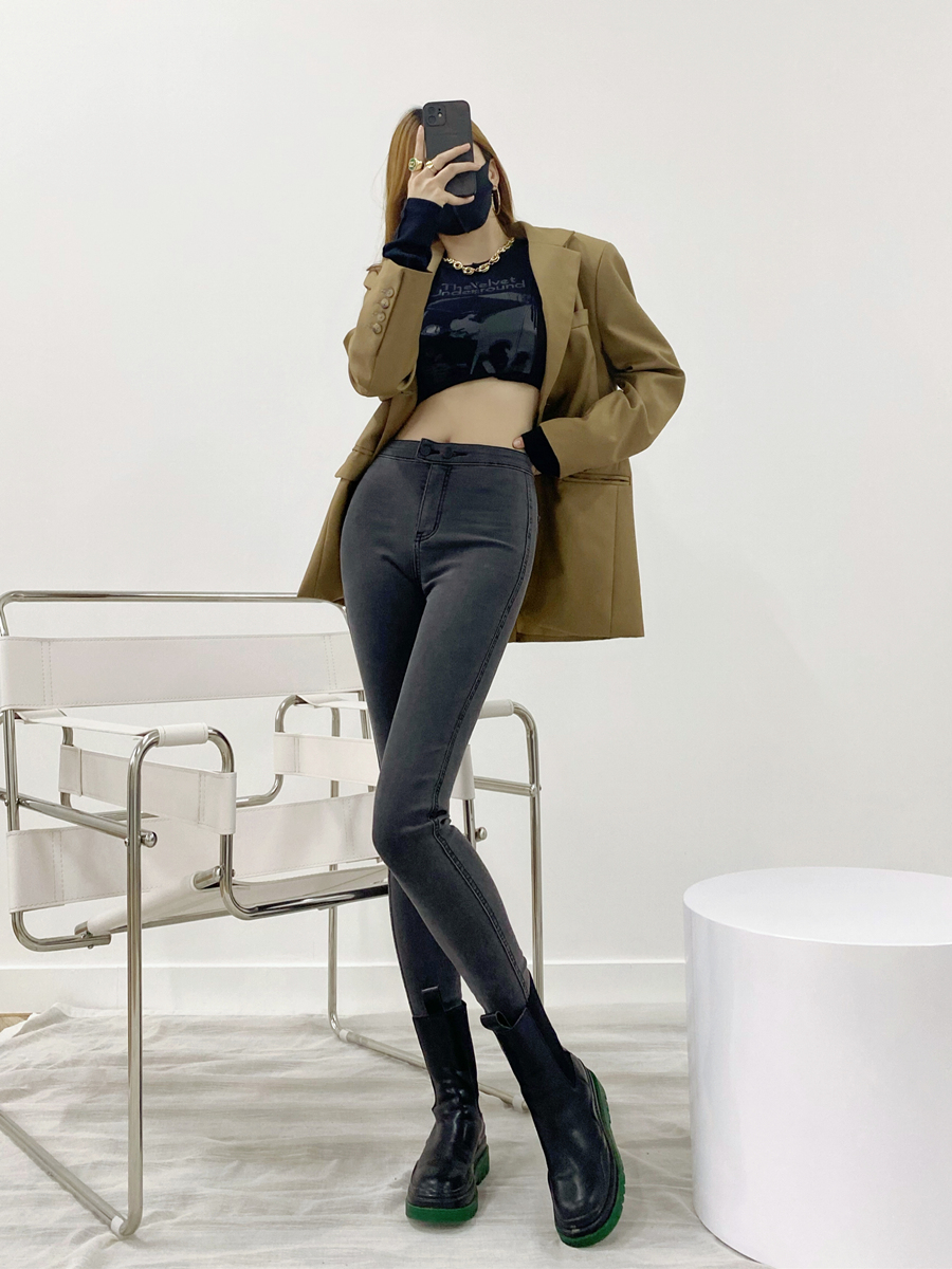 实拍高弹提臀紧身牛仔裤女加长高个子高腰显瘦修身小脚铅笔打底裤