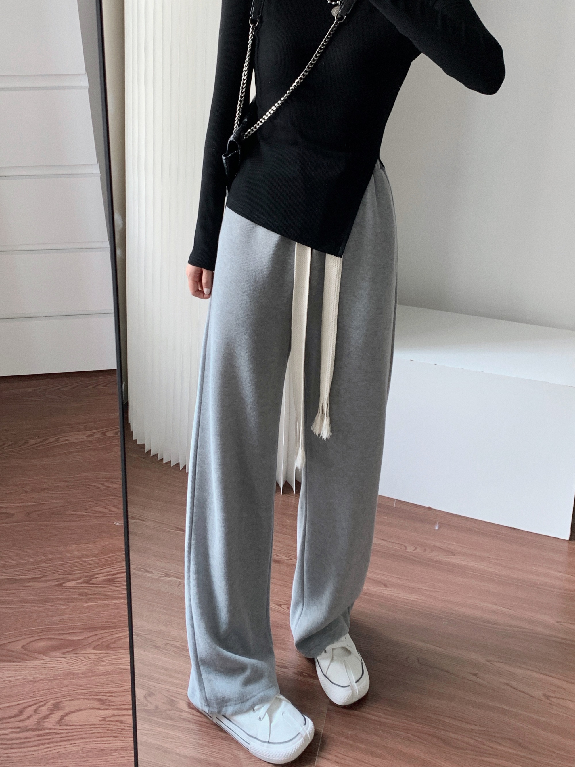 张贝贝ibell高腰抽绳休闲裤子女夏2021年新款宽松显瘦直筒阔腿裤