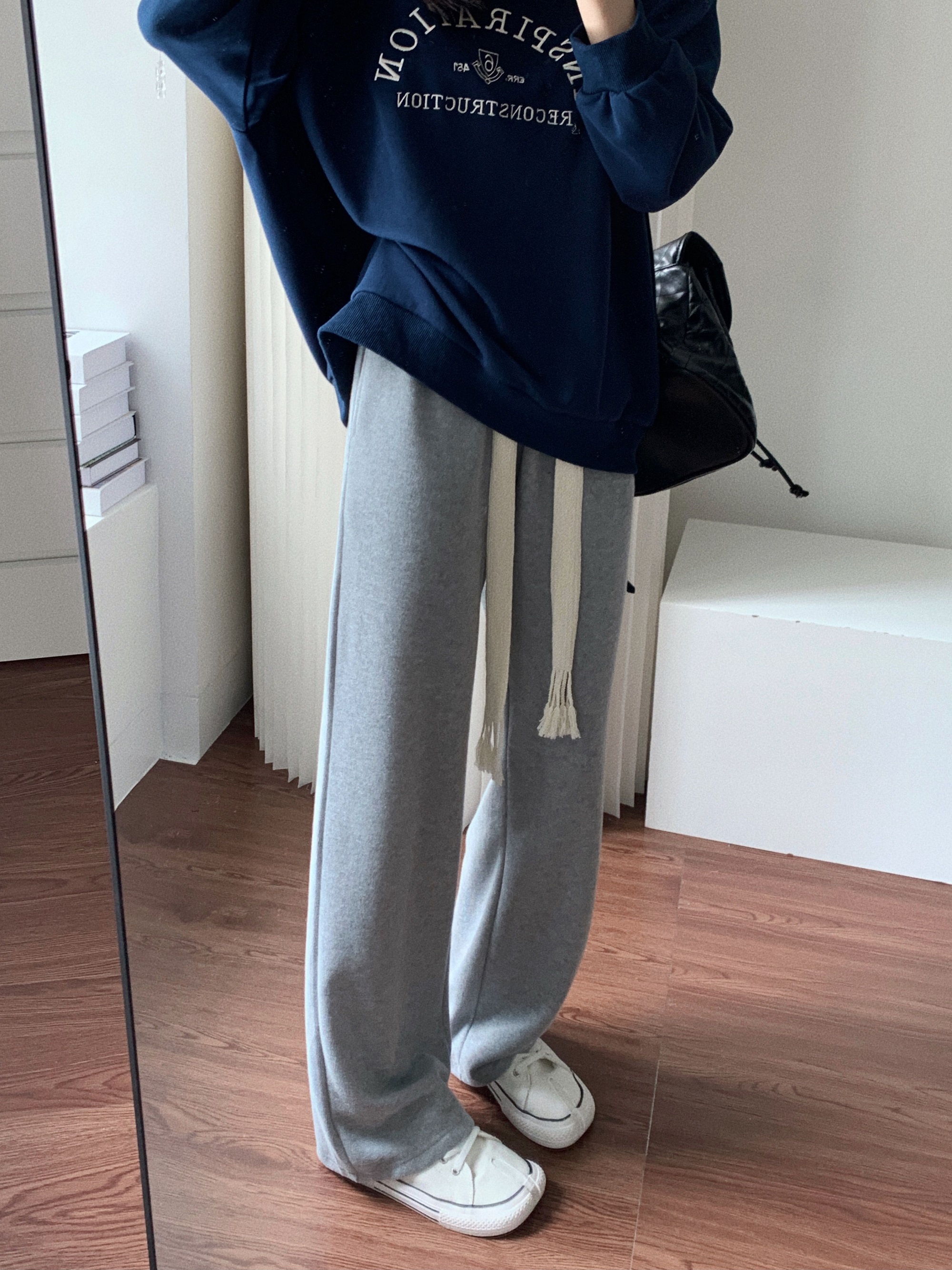 张贝贝ibell高腰抽绳休闲裤子女夏2021年新款宽松显瘦直筒阔腿裤