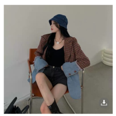 批发炸街牛仔拼接西装外套女2021年新款秋韩版英伦风休闲气质小西服