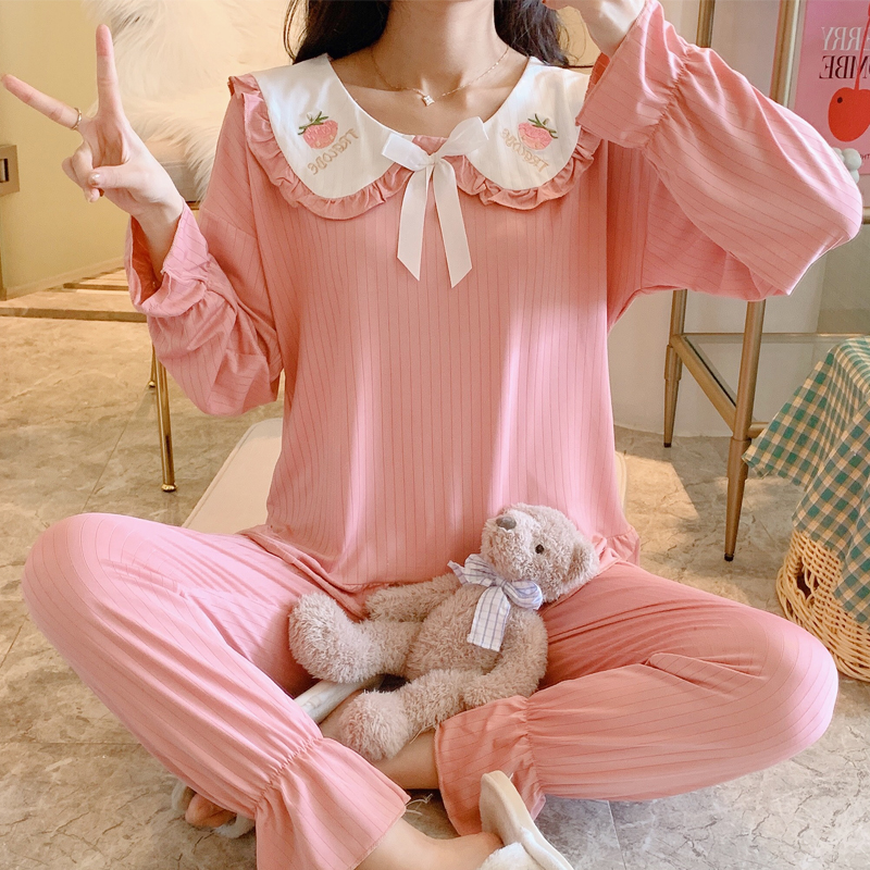 秋季睡衣女娃娃领长袖坑条牛奶丝甜美公主风薄款家居服套装