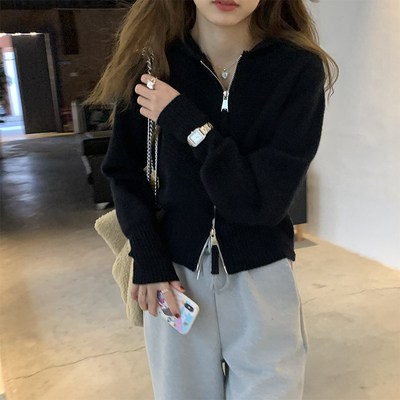 连帽针织开衫外套女2021秋冬新款短款上衣设计感小众洋气外搭毛衣