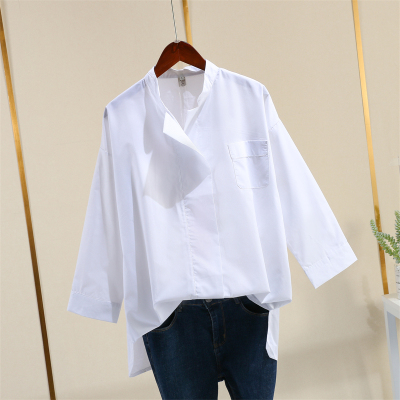 秋装新款纯棉白衬衫女设计感简约中长款宽松显瘦半高领衬衣九分袖