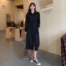 批发秋装新款实拍<b class='q'>大码</b>女装衬衫连衣裙中长款系带衬衣
