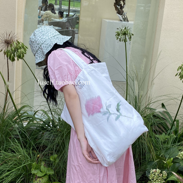 KM18614#小众款白色帆布包女印花布袋日系简约大容量粉玫瑰单肩包