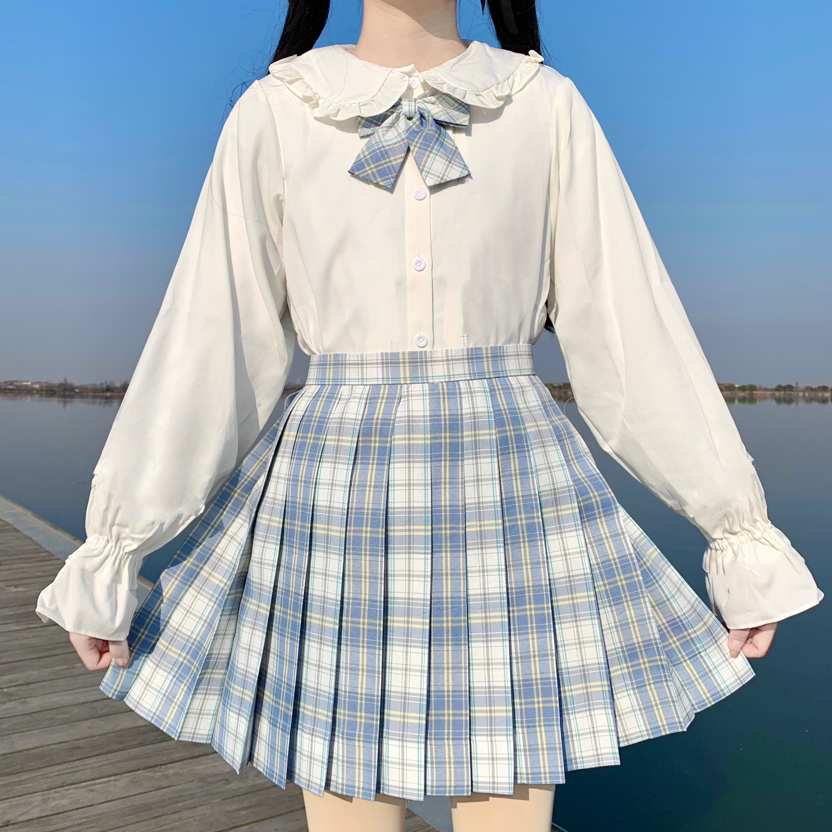现货白溟喇叭袖jk制服格裙套装lolita长袖打底衬衣学院风_小兔快跑xt