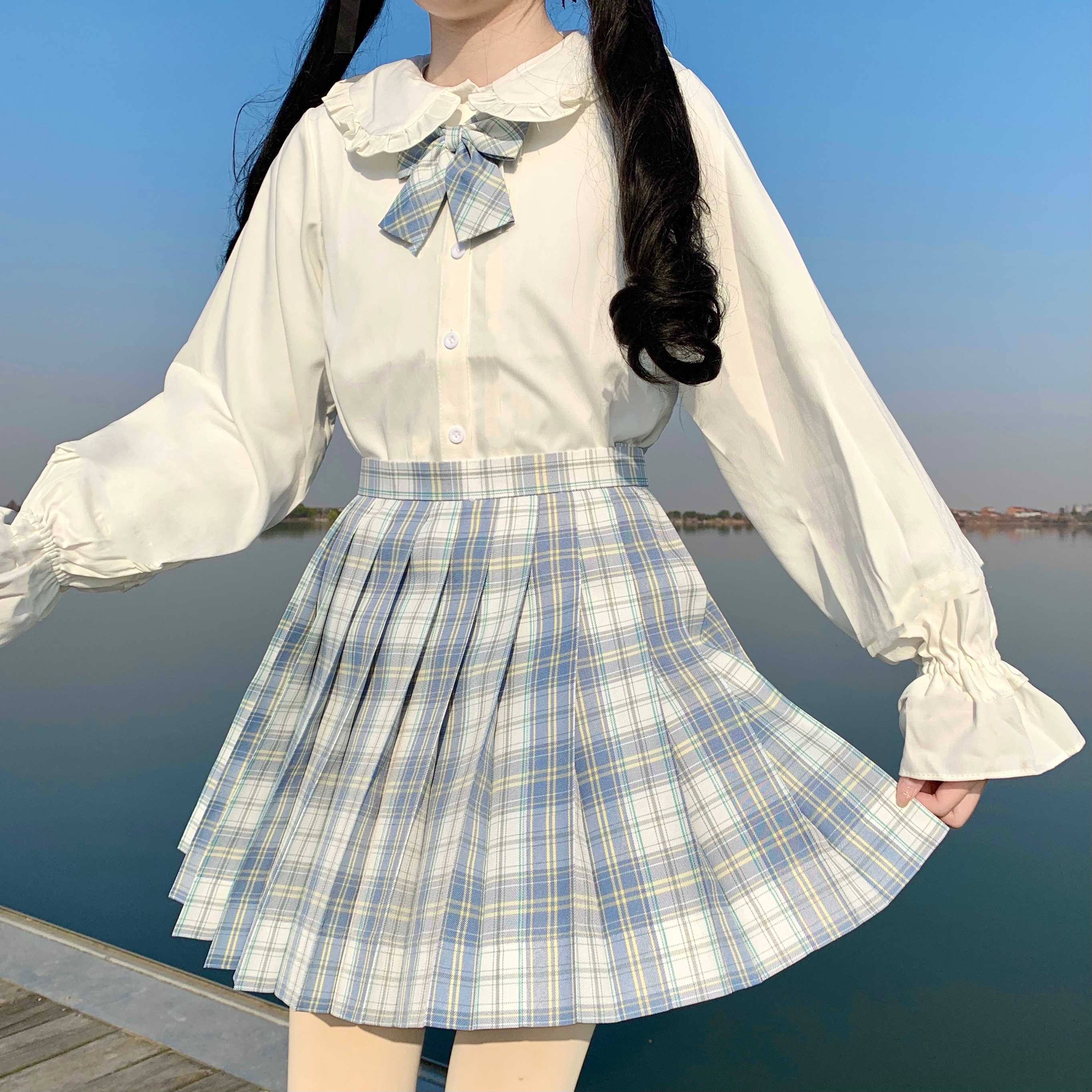 现货白溟喇叭袖jk制服格裙套装lolita长袖打底衬衣学院风_小兔快跑xt