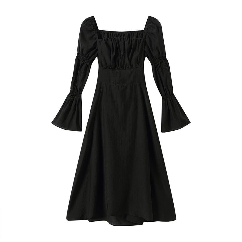 8月23号上新秋季新款收腰修身a字裙方口领褶皱喇叭袖连衣裙