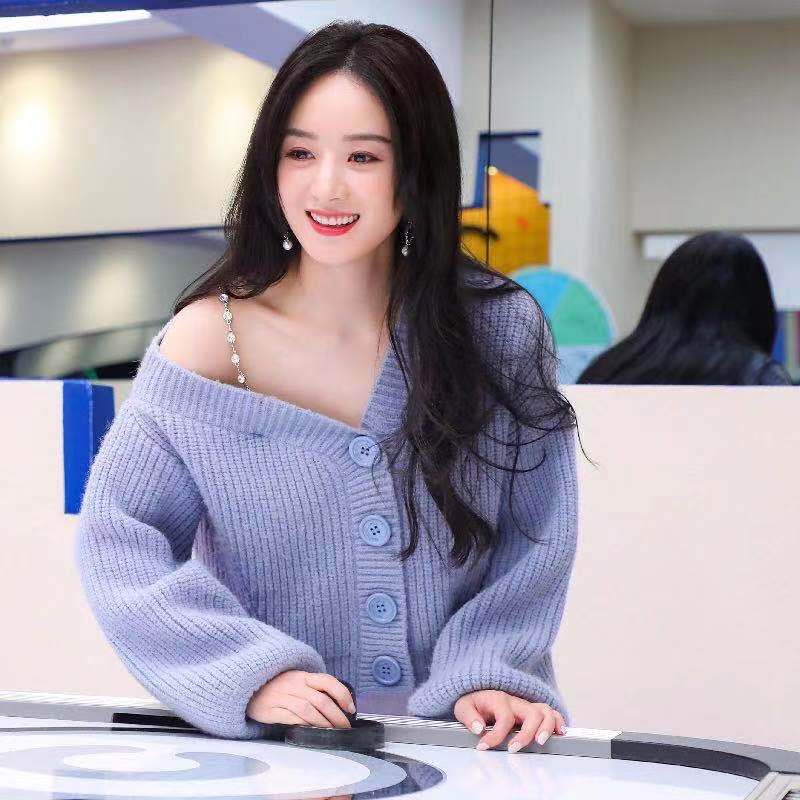 明星赵丽颖早秋同款衣服女雾霾蓝色链条v领毛衣针织开衫外套