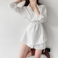 韩国chic 秋季设计感绑带衬衣连衣裙