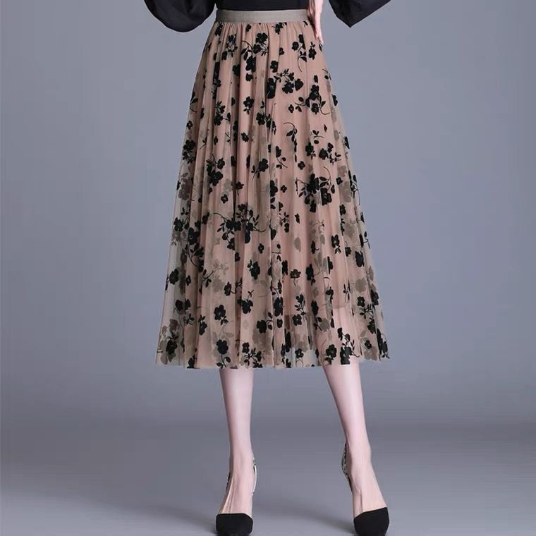 网纱半身裙女夏2021新款大摆裙纱裙秋印花垂感裙子