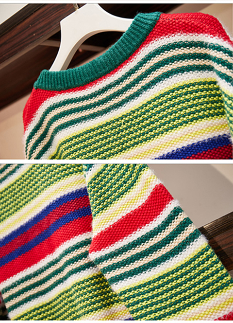 实拍大码女装胖mm2021秋冬小鹿刺绣针织衫外套彩条慵懒风毛衣开衫