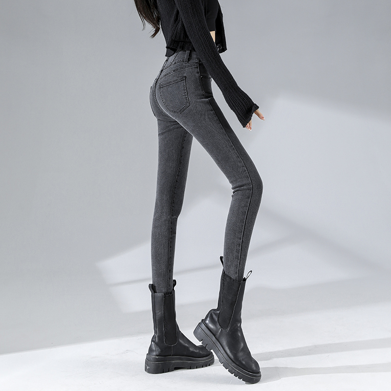 实拍 高品质烟灰色牛仔裤女高腰韩版修身显瘦九分小脚裤牛仔裤