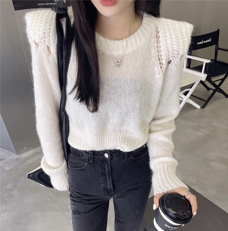 现货 网红同款镂空直角肩宽松长袖毛衣女短款百搭针织衫洋气上衣