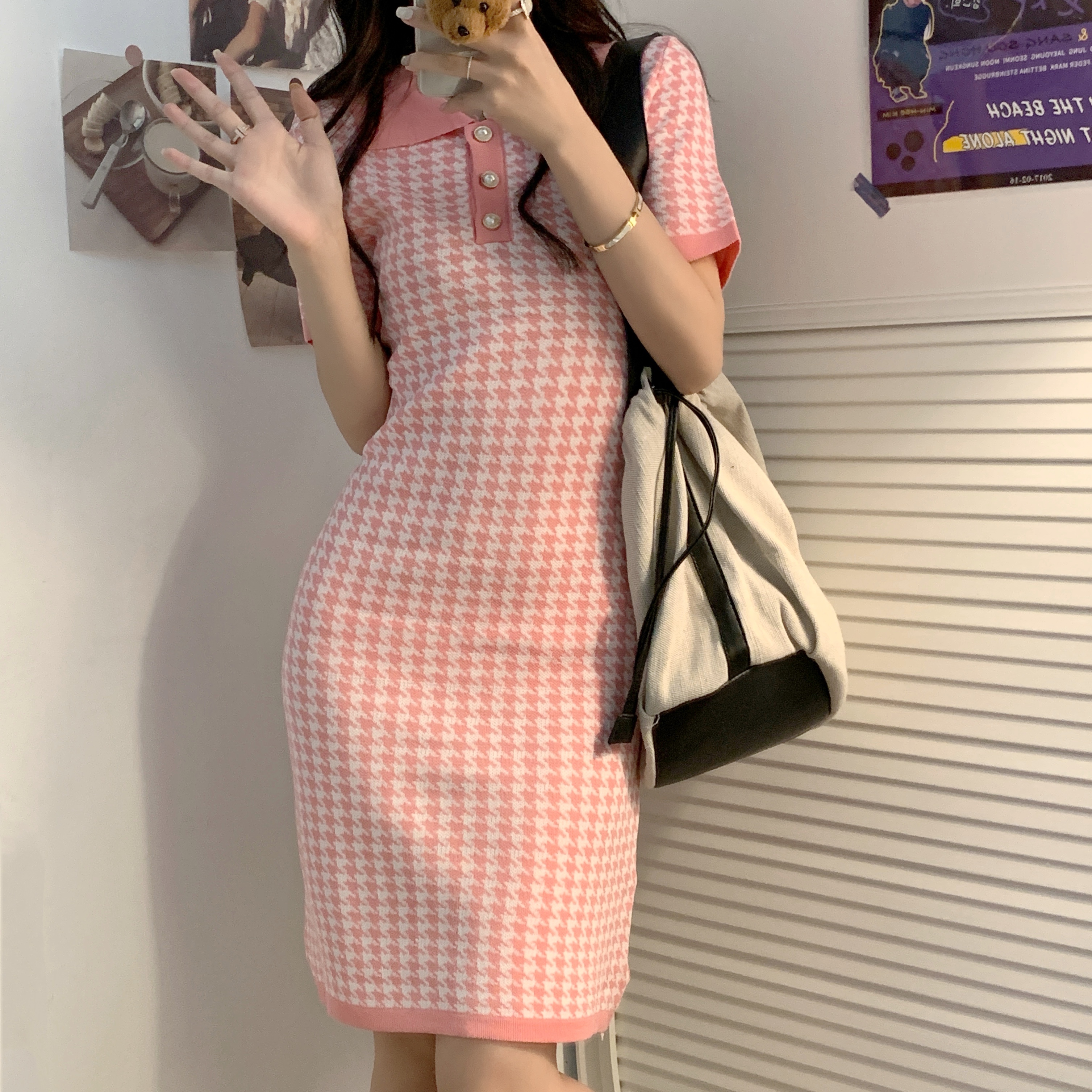 实拍实价 polo领千鸟格连衣裙女韩版短袖修身显瘦包臀裙子