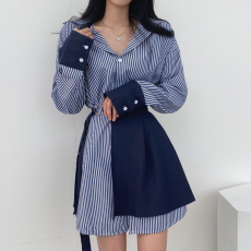 批发韩国chic 秋季复古小众个性时尚气质系带条纹<b class='q'>衬衫</b>连衣裙两件套