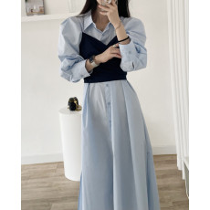 批发尺寸已更新 韩国chic 法式气质撞色拼接<b class='q'>假两件</b>收腰<b class='q'>连衣裙</b>