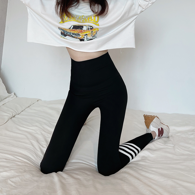 实拍鲨鱼皮打底裤女外穿黑色紧身收腹提臀芭比裤四条杠九分小脚裤