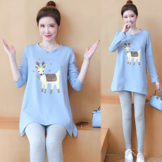 批发实拍孕妇秋款套装长袖时尚<b class='q'>春</b>秋季连衣裙中长款上衣t恤两件套