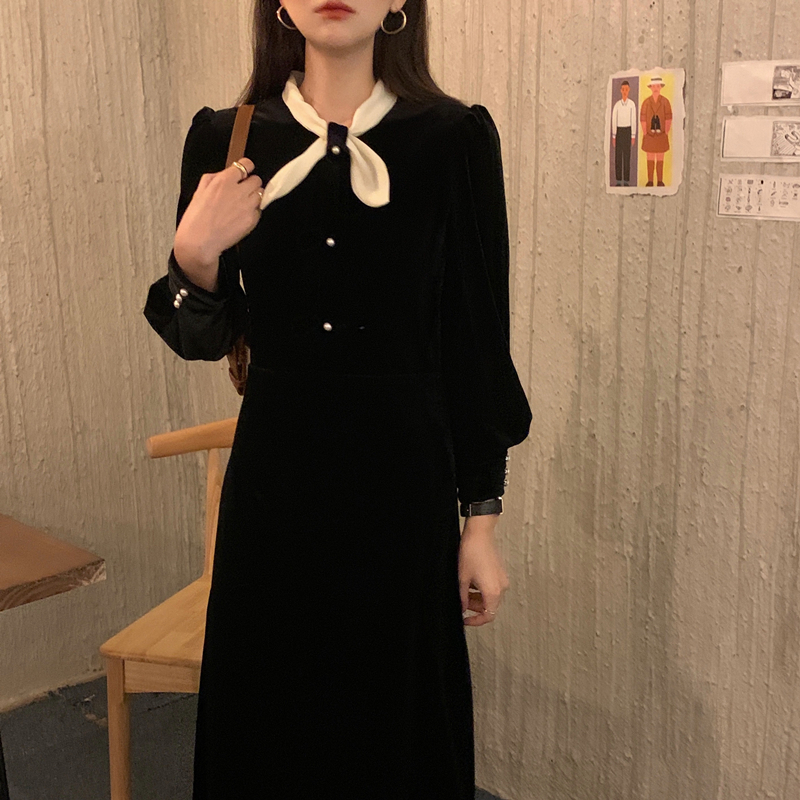 실사 프랑스식 그는 벤 바람 품격 우아함 벨벳 허리 수축 나비 매듭 드레스