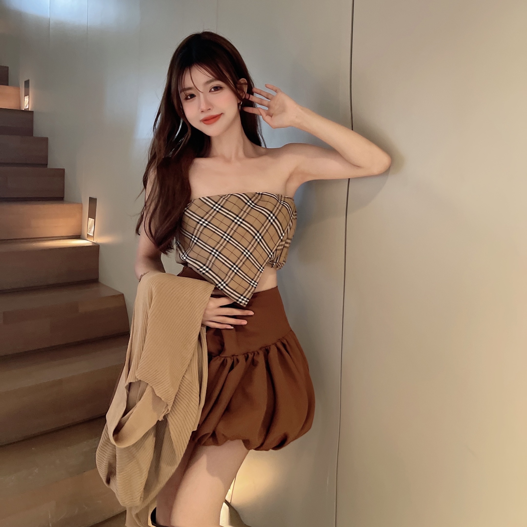 格子抹胸上衣女可盐可甜