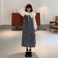 批发实拍2026春装大码蕾丝花边<b class='q'>娃娃领</b><b class='q'>衬衫</b>小碎花吊带连衣裙M-4XL200斤