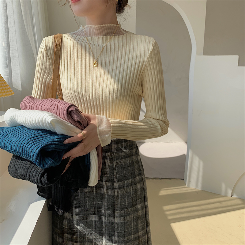 실사 새로운 한국 스타일 chic 작은 대중 디자인 센스 레이스 망사 패치워크 반하이넥 니트 긴 소매 기본 셔츠