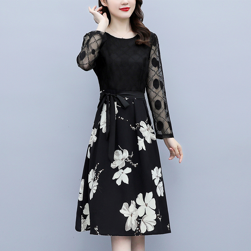 PF19897#新款蕾丝拼接连衣裙女气质长袖系带中年妈妈修身收腰圆领显瘦女裝貨源服裝批發