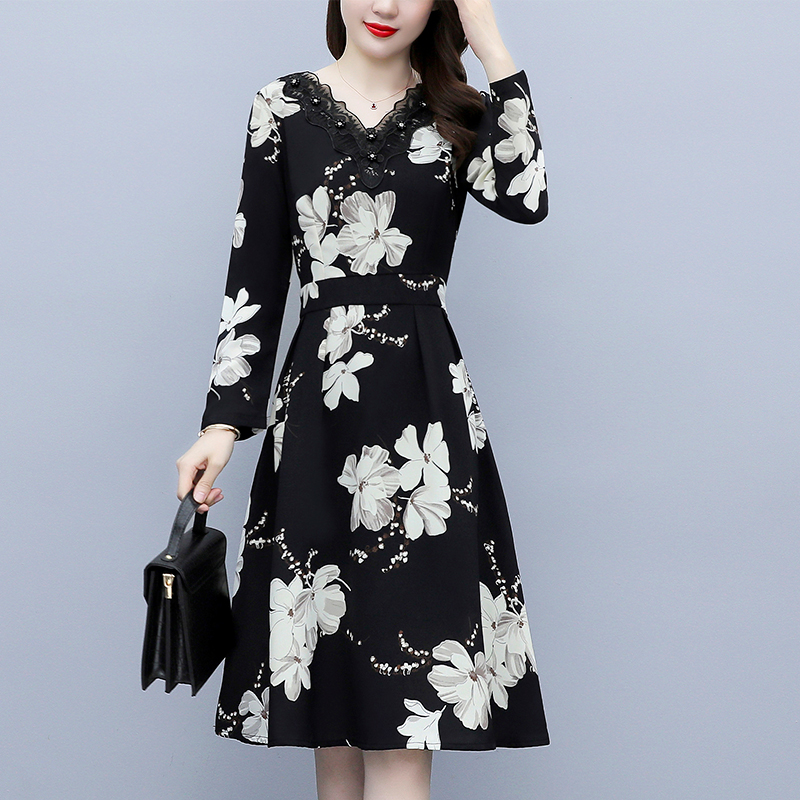 PF19896#新款蕾丝拼接连衣裙女气质长袖系带中年妈妈修身收腰圆领显瘦女裝貨源服裝批發