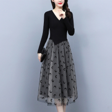 批发黑色毛衣<b class='q'>连衣裙</b><b class='q'>女</b>长袖网纱秋季2025新款显瘦气质中长款裙子