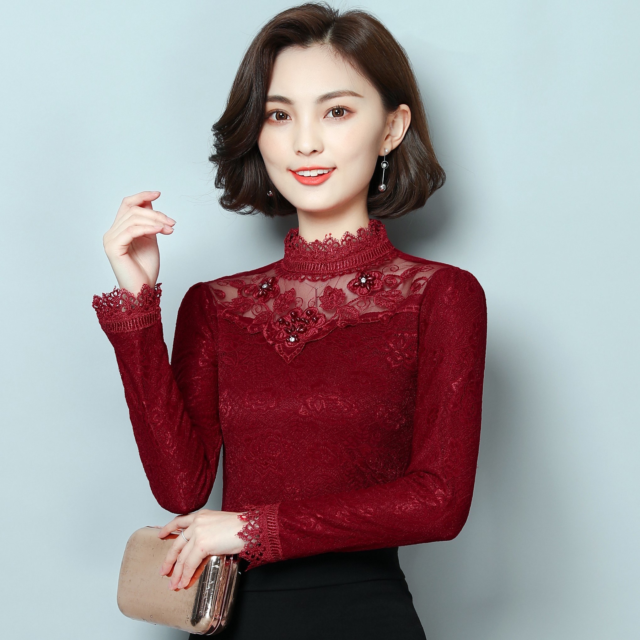 2021春秋加绒蕾丝网纱小衫女洋气内搭t恤大码显瘦保暖百搭打底衫