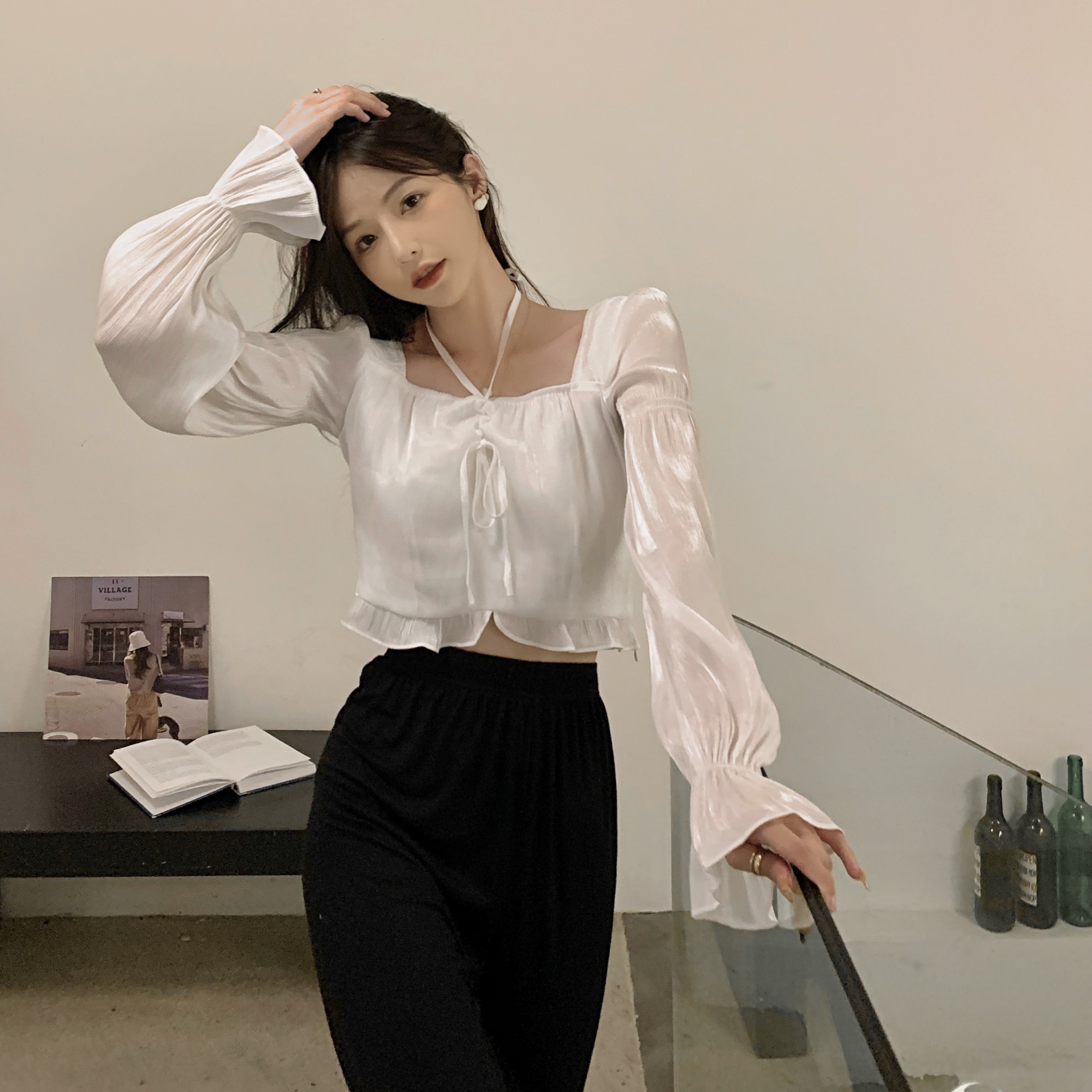 价初秋小短衫女纯欲风小众设计感泡泡袖方领短款衬衫上衣_shelly(雪莉