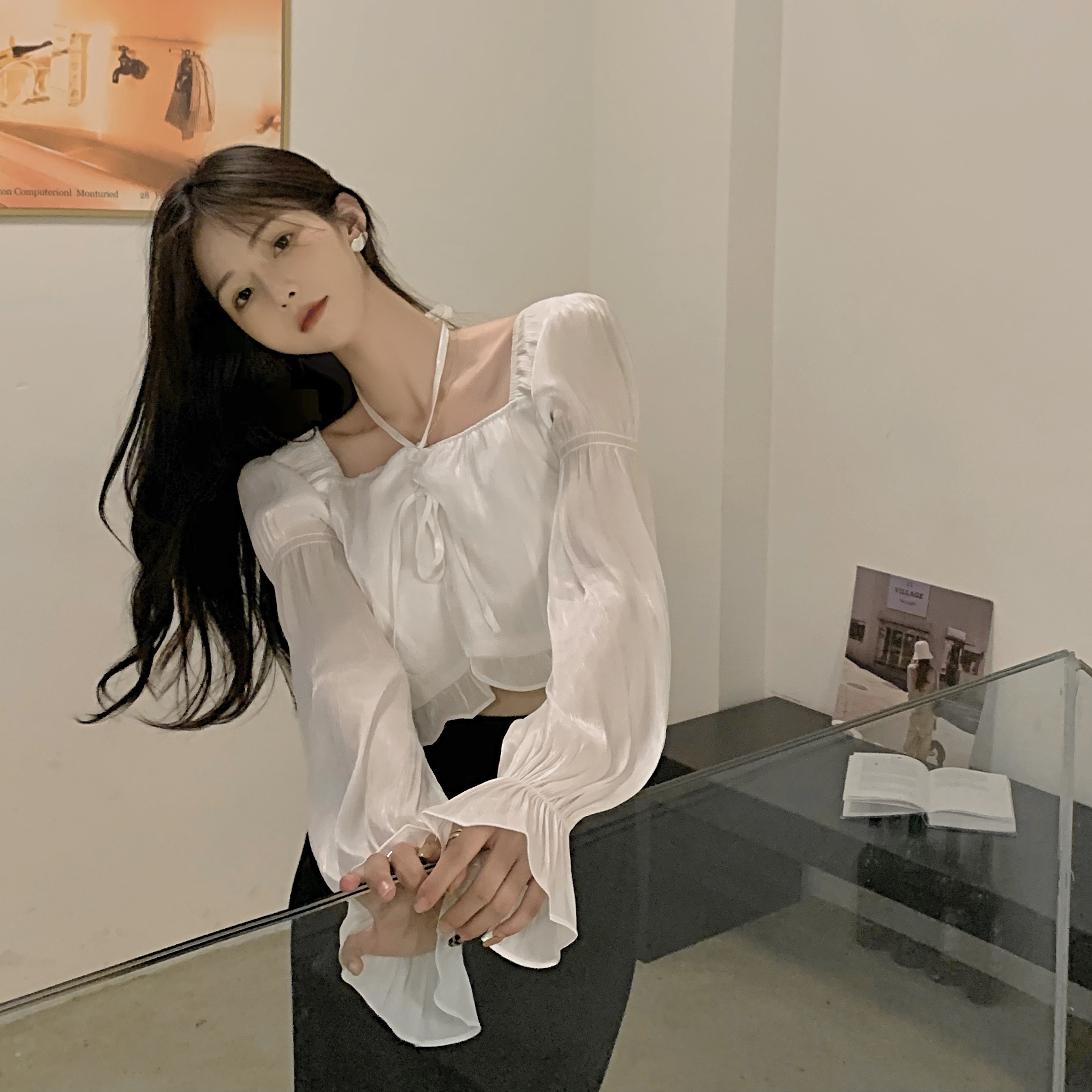 价初秋小短衫女纯欲风小众设计感泡泡袖方领短款衬衫上衣_shelly(雪莉