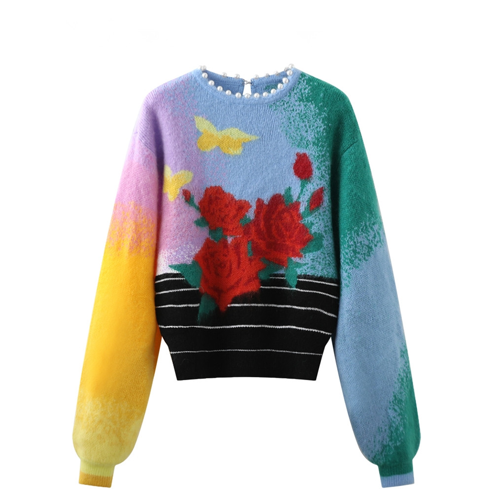 手工珍珠领装饰彩色毛衣针织衫女2021秋季复古玫瑰花宽松圆领外穿
