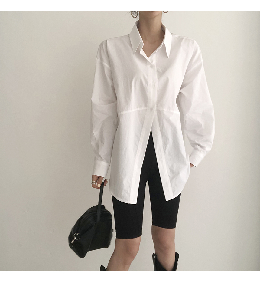 지금 한국 chic 디자인 센스 작은 대중 단색 몸매 가꾸기 허리 수축 슬림해 보이는 긴팔 질감 여성 셔츠