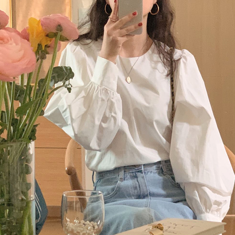 韩国chic早春法式气质轻柔风圆领泡泡袖上衣多色宽松套头长袖衬衫