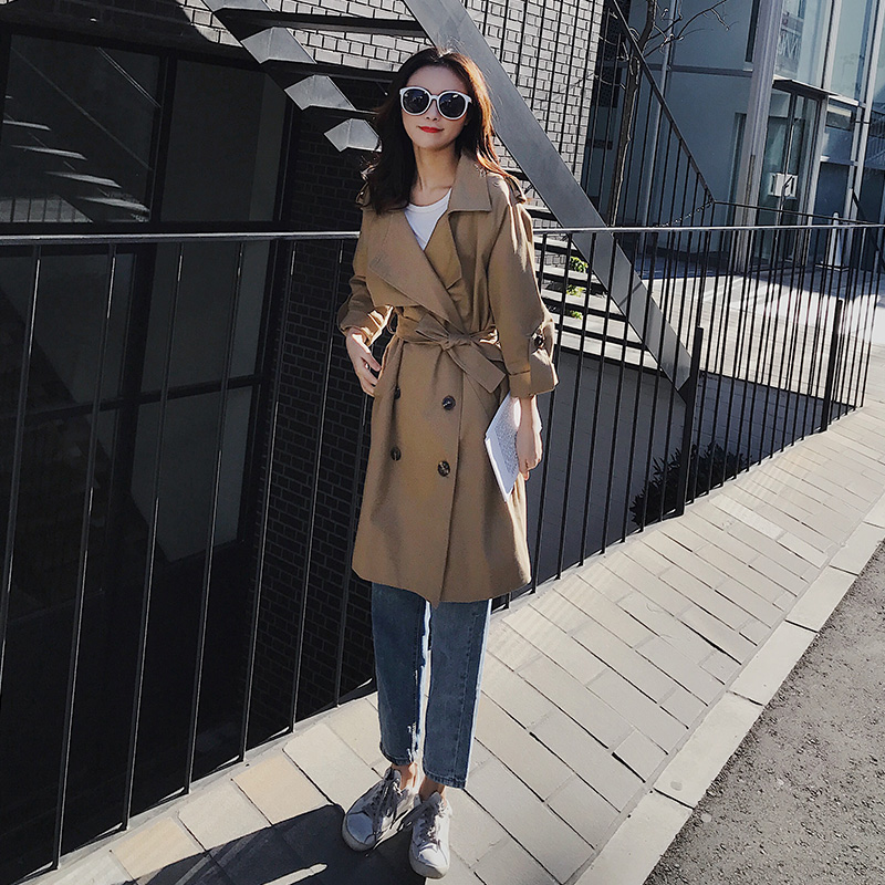  early autumn popular windbreaker women's new Korean version medium and long style versatile Khaki double breasted loose coat