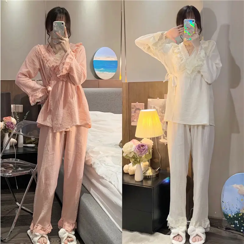 와이드 레이스 V넥 홈웨어 세트 상세 이미지 1