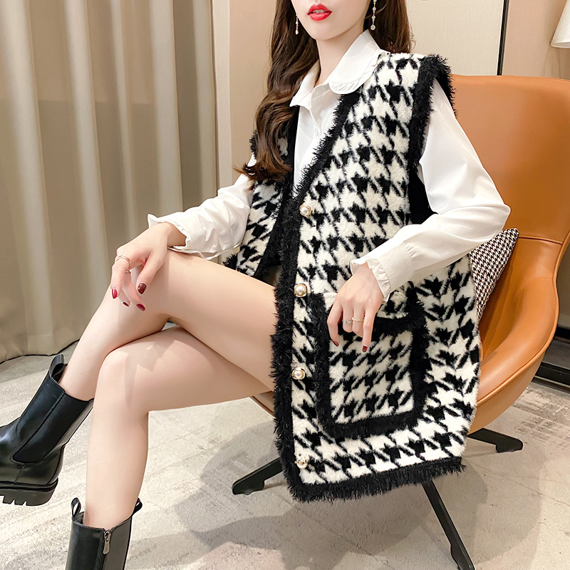 千鸟格流苏马甲外套女2021春秋新款宽松小香风仿水貂针织背心外搭