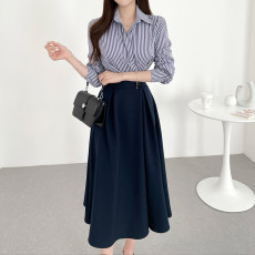 批发现货 <b class='q'>韩国</b>chic 秋季法式轻奢时尚气质条纹拼接收腰衬衫<b class='q'>连衣裙</b>