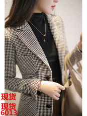 品牌折扣女装外贸出口尾单大牌余单剪标千鸟格收腰毛呢西装外套女