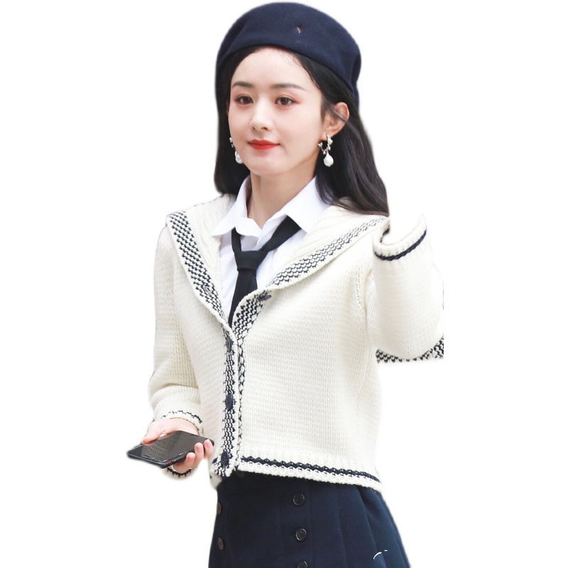快乐大本营赵丽颖明星同款海军领毛衣外套宽松减龄针织开衫上衣女