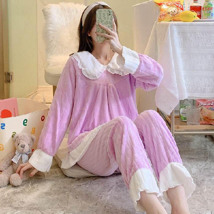 冬季睡衣女甜美花边娃娃领家居服公主风法兰绒可外穿套装