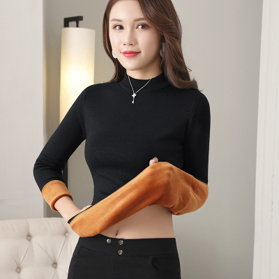 实拍秋冬加绒毛衣女半高领长袖大码针织衫加厚保暖套头打底衫