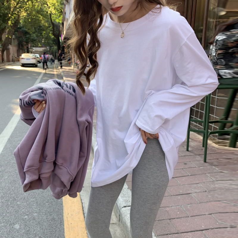 白色宽松长袖女t恤新款纯棉内搭打底衫韩版ins圆领百搭中长款上衣