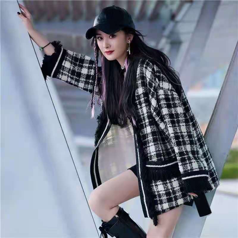 2021春杨幂明星同款小香名媛风粗花呢流苏外套千鸟格子开衫