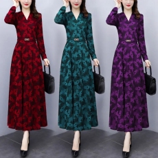 批发高档印花连衣裙长袖2025秋<b class='q'>冬</b>新款中年妈妈装洋气长款收腰长裙女潮