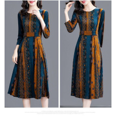 批发2021新款秋<b class='q'>冬</b>季妈妈高档连衣裙女大码遮肉显瘦减龄气质长袖条纹裙